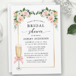 Convites Watercolor Floral Pink Bow Bridal Shower<br><div class="desc">Elegant Watercolor Pink White Floral Bridal Shower Invitation includes pink roses,  white flowers and greenery. Champagne Glass with Pink Blush Coquette Bow Ribbon. Gold Frame. Modern Calligraphy Script.</div>