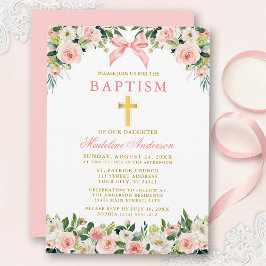 Convites Watercolor Floral Pink Bow Gold Baptism