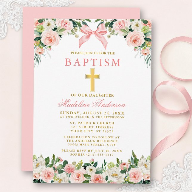 Convites Watercolor Floral Pink Bow Gold Baptism (Customize to change text color, size, style or to change color of back of card.)