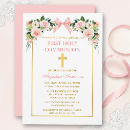 Convites Watercolor Floral Pink Bow Gold Frame Communion