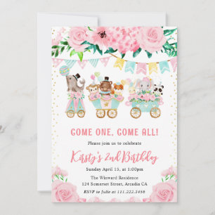 Convites Watercolor Floral Pink Circus Animal Birday