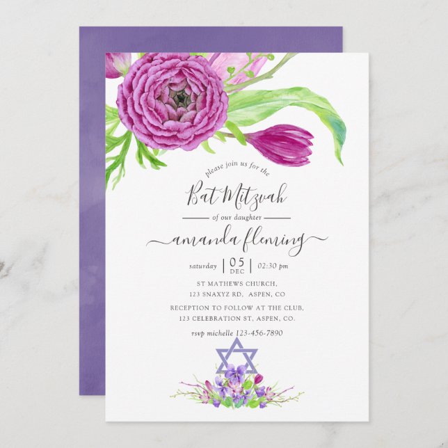 Convites Watercolor Floral Primavera Bat Mitzvah (Frente/Verso)