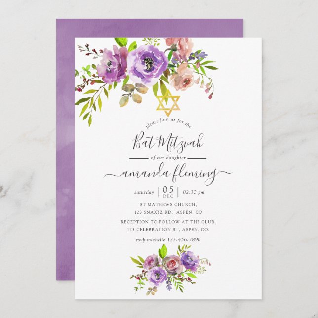 Convites Watercolor Floral Primavera Bat Mitzvah (Frente/Verso)