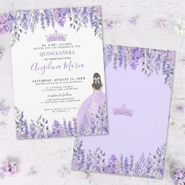 Convites Watercolor Floral Purple Quinceañera (Purple Lilac Tiara Floral Quinceañera Invitation)
