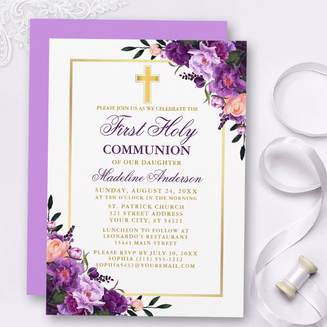 Convites Watercolor Floral Purple Violet First Communtion (Customize to change text color, style, add text & photos to back or change color of back of card.)