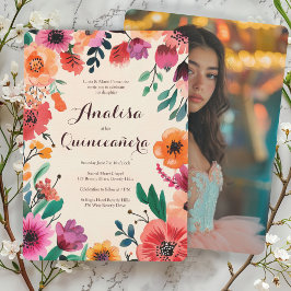 Convites Watercolor Floral Quinceañera Foto PERSONALIZADA
