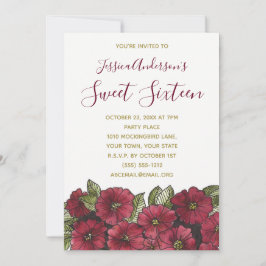 Convites Watercolor Floral Red Dourado Sweet 16 Aniversário