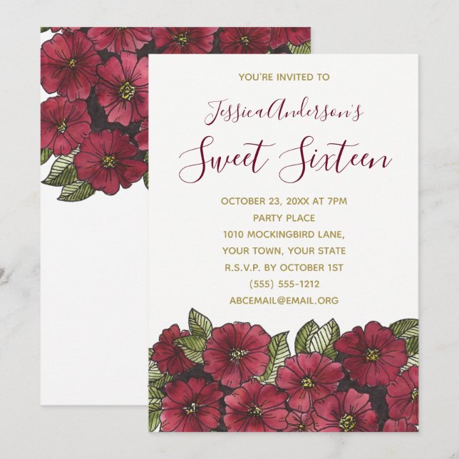 Convites Watercolor Floral Red Dourado Sweet 16 Aniversário (Frente/Verso)