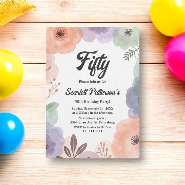 Convites Watercolor Floral Romântico Abstrato 50º Aniversár (Criador carregado)