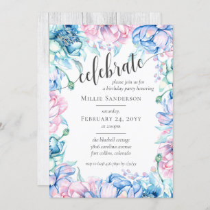 Convites Watercolor Floral & Russo Wood Farmhouse Aniversár