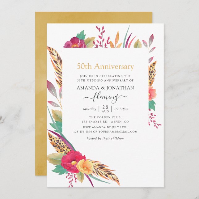 Convites Watercolor Floral Safari 50º Aniversário de Casame (Frente/Verso)