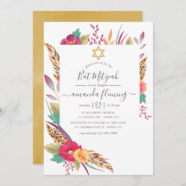Convites Watercolor Floral Safari Bat Mitzvah (Frente/Verso)