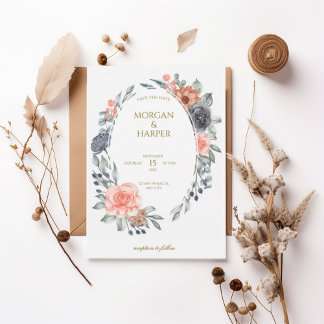 Convites Watercolor Floral Save the Date with Oval Wreath