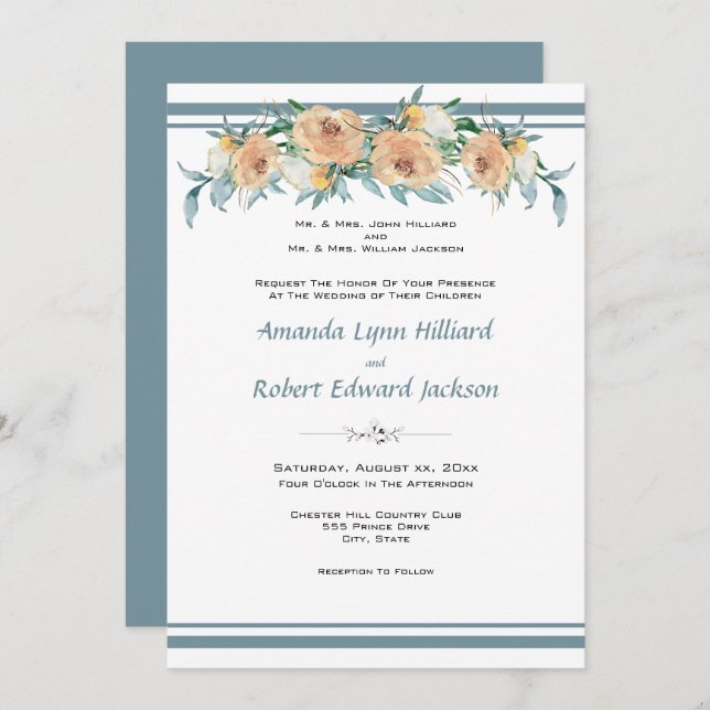 Convites Watercolor Floral Summer Wedding Blue Green (Frente/Verso)