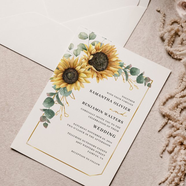 Convites Watercolor Floral Sunflower Eucalyptus Wedding (Sunflower Floral Eucalyptus Greenery Wedding Invitation)