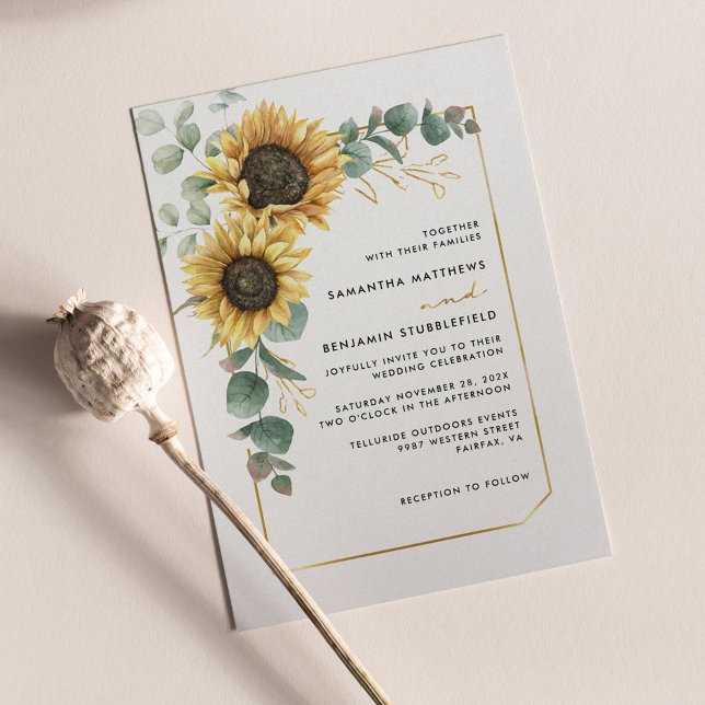 Convites Watercolor Floral Sunflower Eucalyptus Wedding (Floral Sunflower Eucalyptus Greenery Wedding Invitation)
