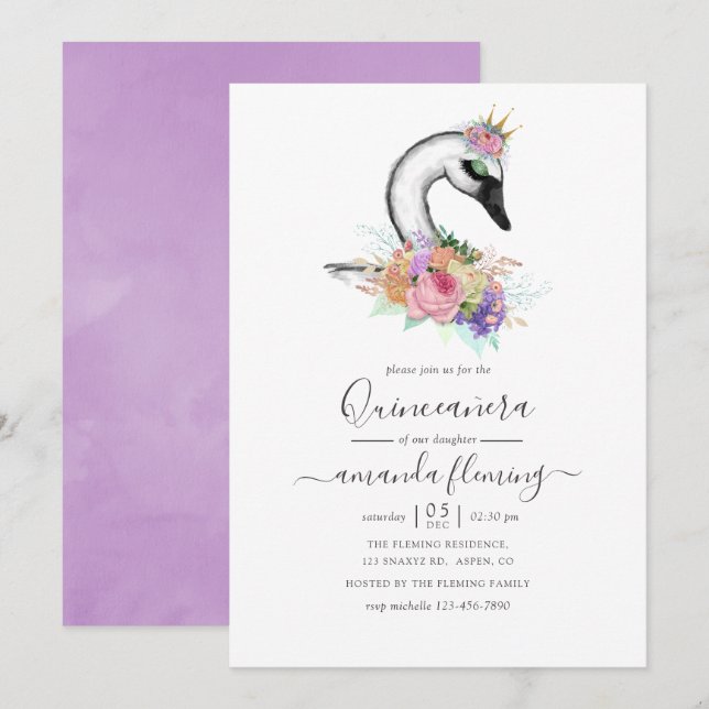 Convites Watercolor Floral Swan Quinceañera (Frente/Verso)