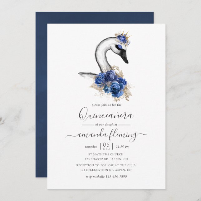Convites Watercolor Floral Swan Quinceañera (Frente/Verso)