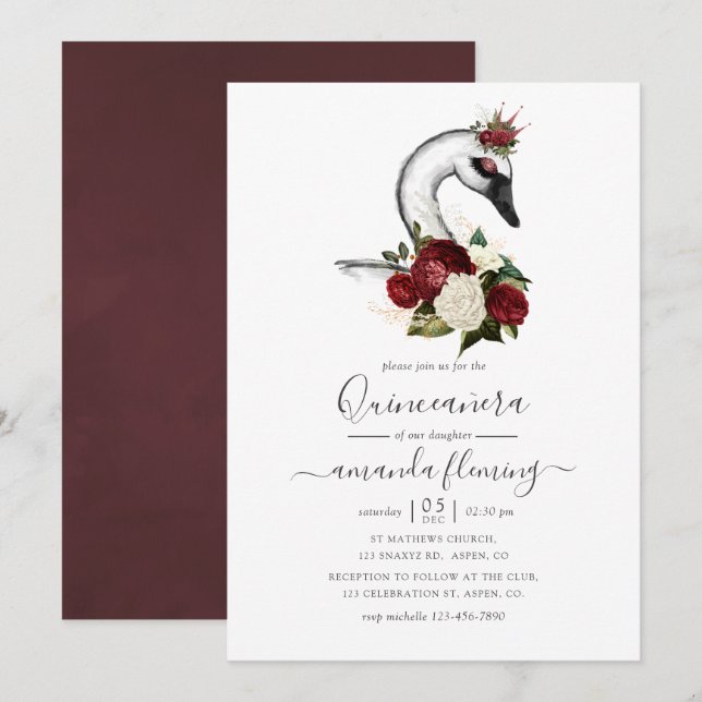 Convites Watercolor Floral Swan Quinceañera (Frente/Verso)