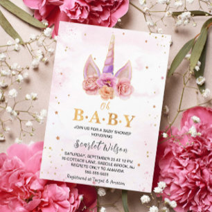 Convites Watercolor Floral Unicorn Horn Chá de fraldas Conv