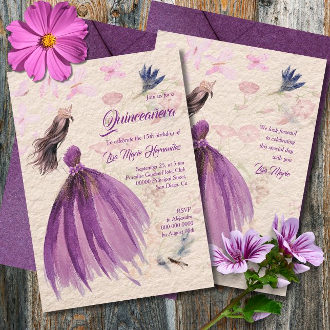 Convites Watercolor Floral Violet Tones Quinceañera (Criador carregado)