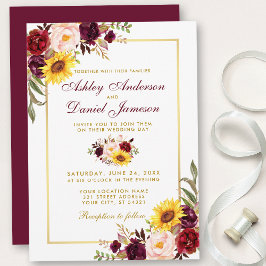 Convites Watercolor Floral Wedding Burgundy Dourado