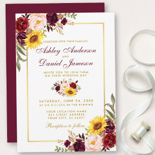 Convites Watercolor Floral Wedding Burgundy Dourado