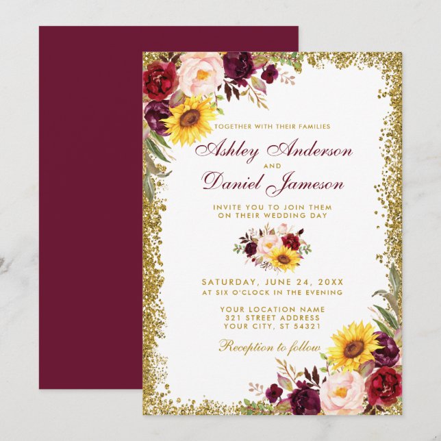 Convites Watercolor Floral Wedding Burgundy Glitter Dourado (Frente/Verso)