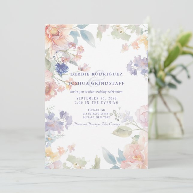 Convites Watercolor Floral Wedding Invitation  (Em pé/Frente)