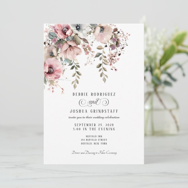 Convites Watercolor Floral Wedding Invitation  (Em pé/Frente)