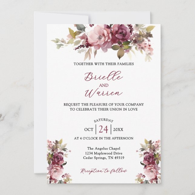 Convites Watercolor Floral Wedding Invitation Burgundy Pink (Frente)