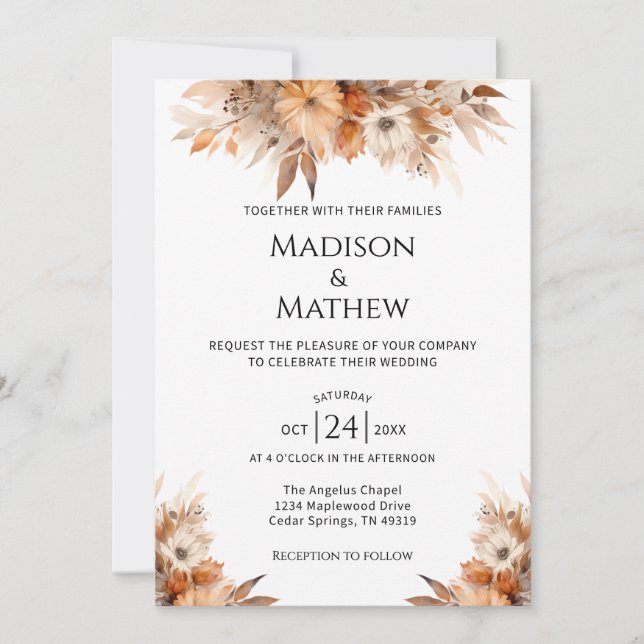 Convites Watercolor Floral Wedding Invitation Orange Brown (Frente)