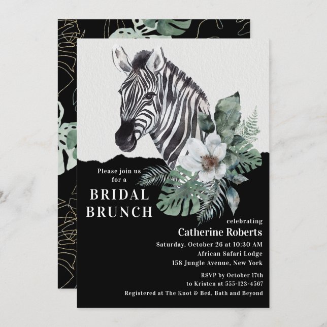 Convites Watercolor Floral Wild Zebra Bridal Brunch (Frente/Verso)