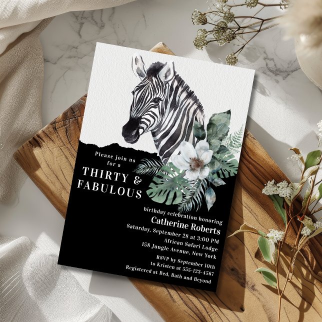 Convites Watercolor Floral Wild Zebra Trinta aniversário de (Criador carregado)