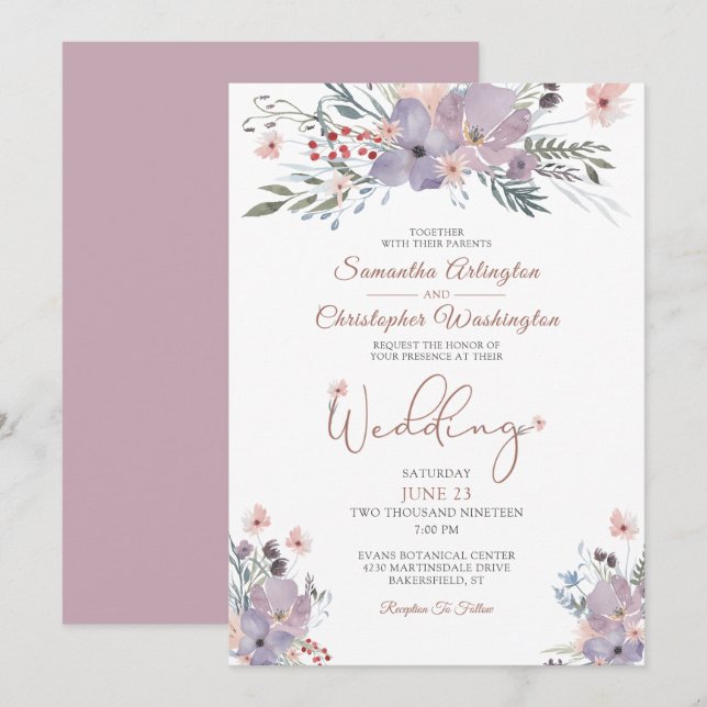 Convites Watercolor Floral Wildflower Casamento Lilac (Frente/Verso)