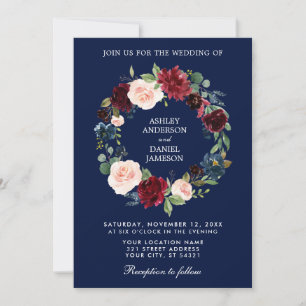 Convites Watercolor Floral Wreath Burgundy Blue Casamento B