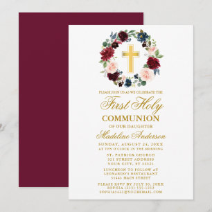 Convites Watercolor Floral Wreath Burgundy Primeira Comunh