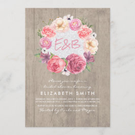 Convites Watercolor Floral Wreath Russe Wood Chá de panela