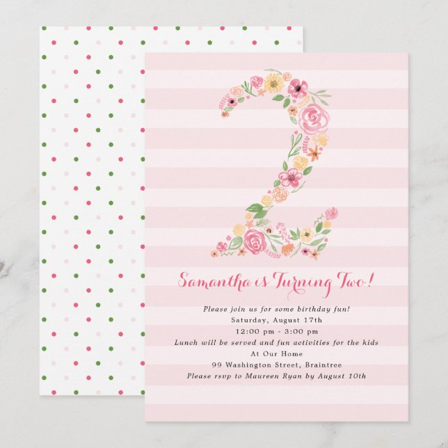 Convites Watercolor Florals 2 Segundo Aniversário (Frente/Verso)