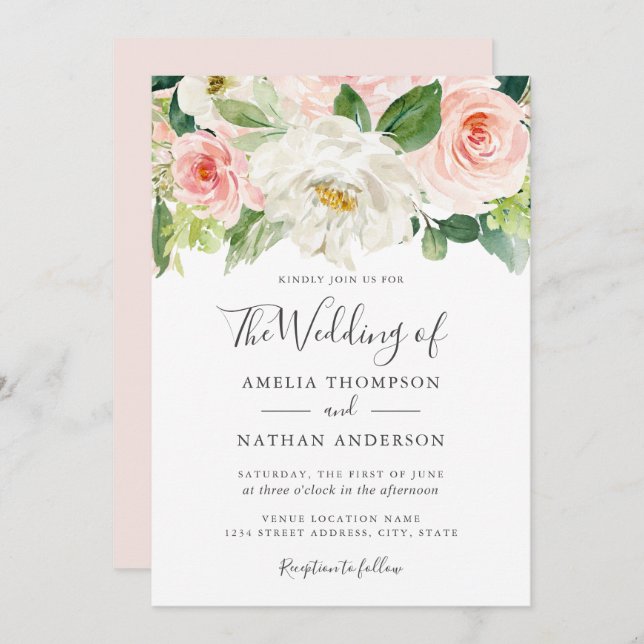 Convites Watercolor Florals Blush Wedation (Frente/Verso)