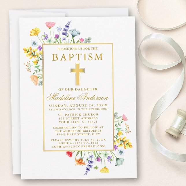 Convites Watercolor Flores selvagens Baptism Dourado (Customize to change text color, style, size or to add text to back of card.)