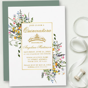 Convites Watercolor Flores Selvagens Sage Quinceanera Verde