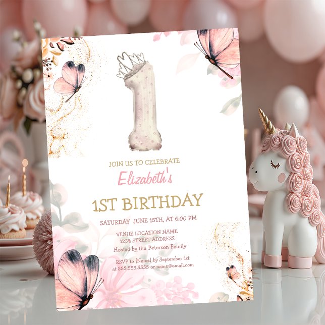 Convites Watercolor Flowers Butterfly Striped 1s Birthday  (Criador carregado)