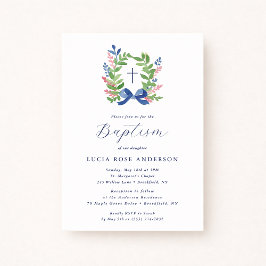 Convites Watercolor Foliage Wreath Blue Bow Baptism 