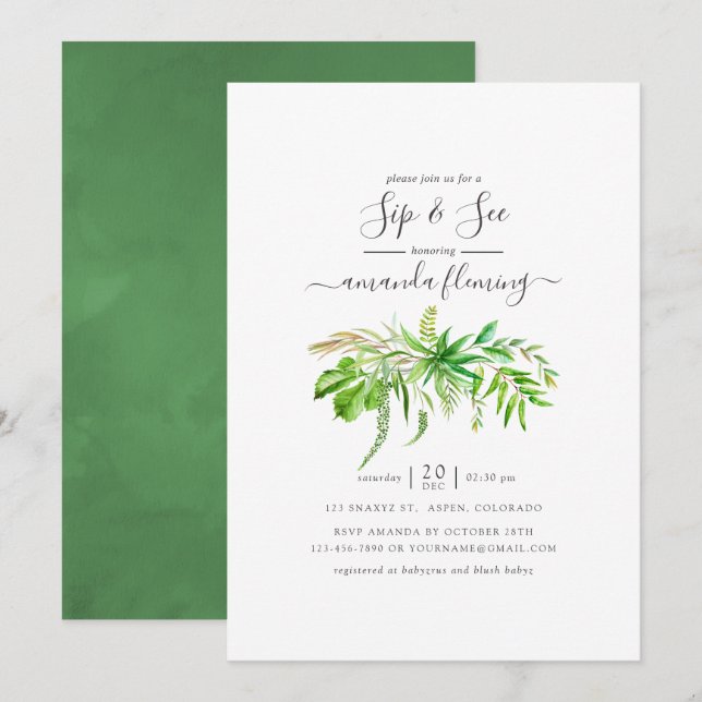 Convites Watercolor Forest Greenerase Sip and See (Frente/Verso)