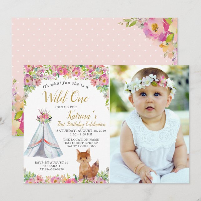 Convites Watercolor Fox Tribal Boho Floral Birthday (Frente/Verso)