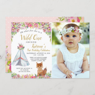 Convites Watercolor Fox Tribal Boho Floral Birthday