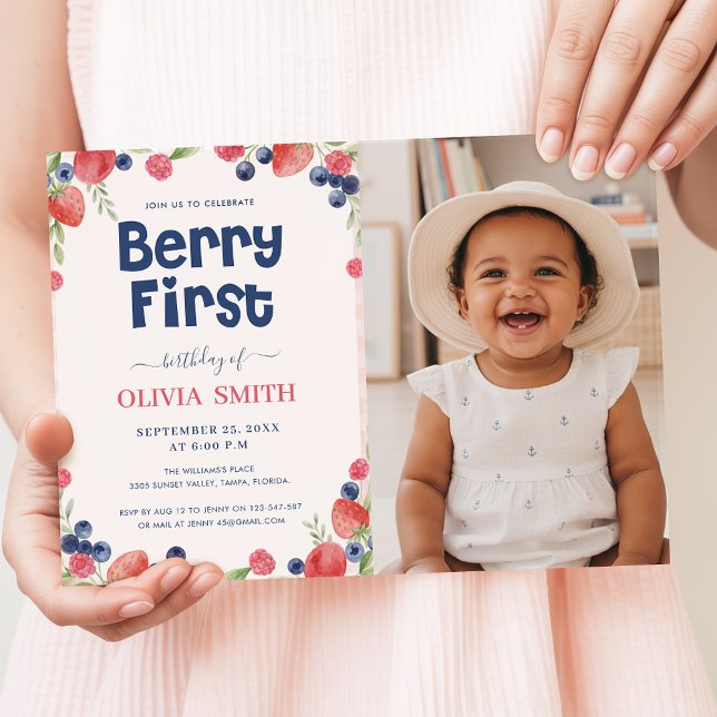 Convites Watercolor Fruits Baby Photo Berry First Birthday (Criador carregado)