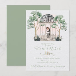 Convites Watercolor gazebo com noiva e noivo eucalipto