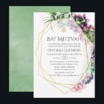 Convites Watercolor Geométrico Bat Mitzvah<br><div class="desc">Trendy suculenta o morcego de casamento mitzvah com a moldura geométrica dourada e a lavagem verde de cor d'água invertida.</div>